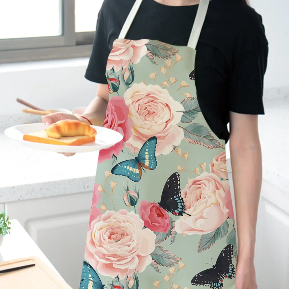 Butterfly Flowers Linen Kitchen Apron for Woman Dress Kawaii Kids Cartoon Pink Garden Aprons Cooking Accessories Home Decor