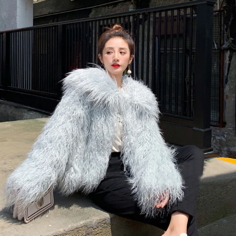 Fur & Faux Fur 2024 New Fashion Imitation Beach Wool Women\'s Fur Coat Winter Solid Color Lapel High Quality Women Fur Coat H174