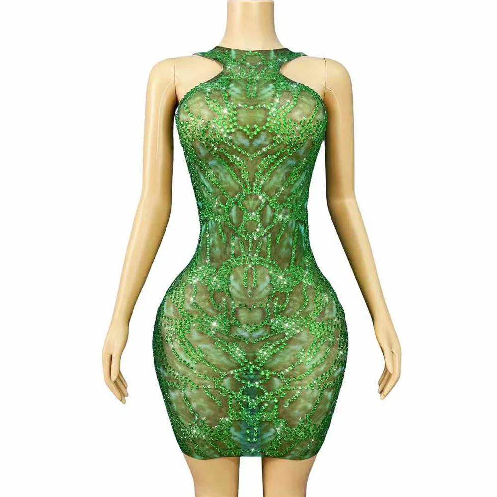 

Women Sexy Stage Sparkly Green Rhinestones Trim fit Mesh Dress Birthday Party Celebrate Evening Outfit Fashion Show Costume