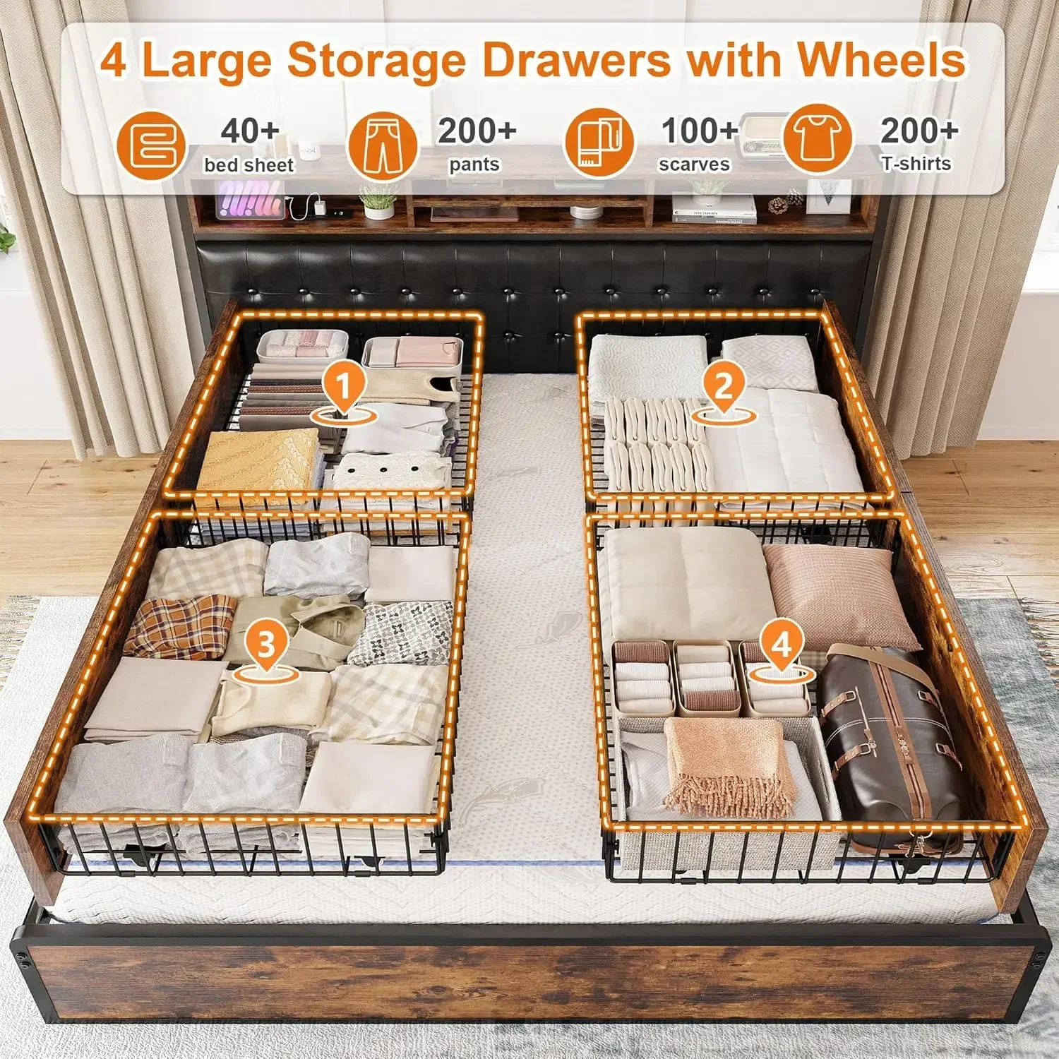 Queen Bed Frame with 4 Storage Drawers, Bed Frame Queen Size with Upholstered Headboard and Built in Charging Station