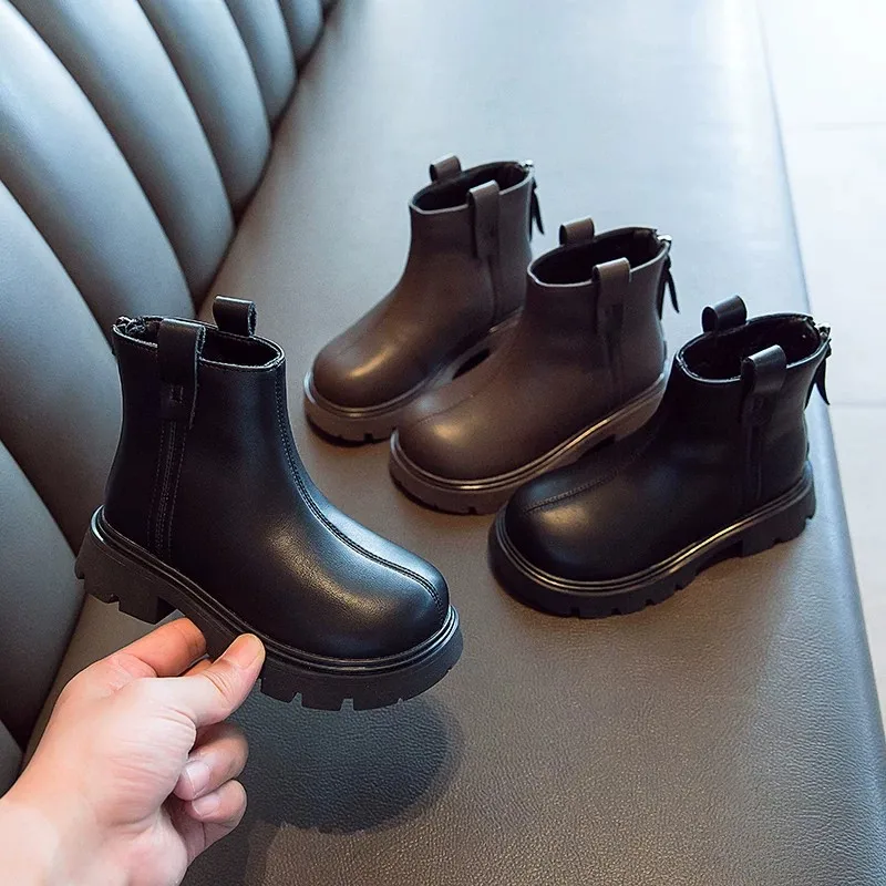 Girls Leather Boots Black Brown Children Chelsea Boots Non-slip Fashion Kids Short Boots for Boys Britain PU 2026 New Round-toe