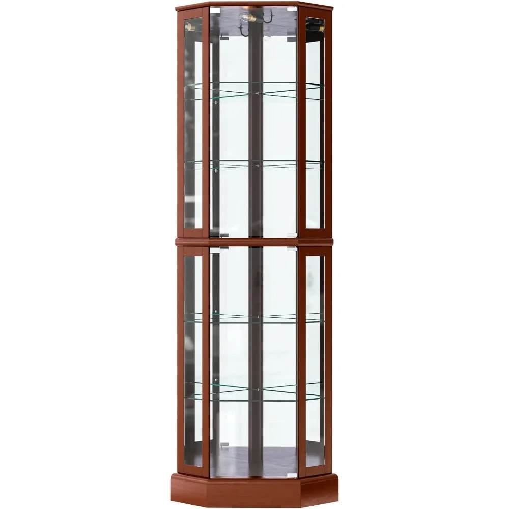 

Corner Display Curio Cabinet with Lights, 72-inch Tall Wooden Curved Shelf Cabinet with Tempered Glass Doors, Wine Storage Area