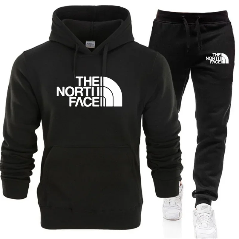 Conjuntos de sudadera con capucha de invierno para hombre, sudaderas con capucha rojas de lana a la moda, pantalones de marca negros, traje informal para correr, sudadera