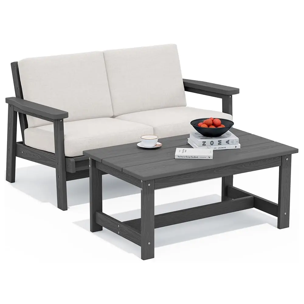 

Outdoor Loveseat, Grey Frame And Khaki Cushion