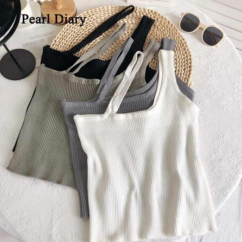 Pearl Diary Irregular Sling Vest Crop Top  Thin Oblique Shvoulder Top Women Solid Color Knitted Tank Crop Top