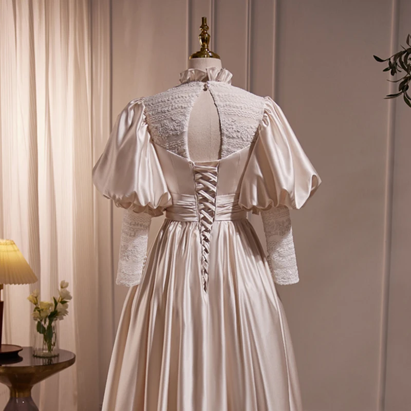 AnXin SH-Robe de soirée à volants en dentelle, col rond, manches longues bouffantes, petite robe blanche personnalisée, satin champagne, fleur princesse