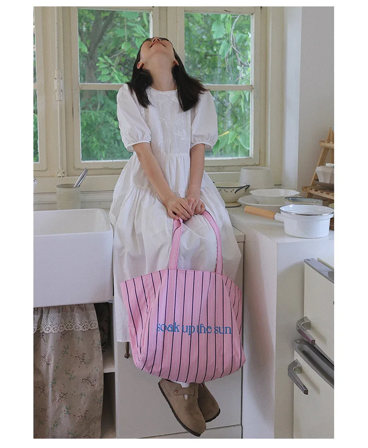 2024 Fashion Stripe Handbag Letter Printing Cotton Single Shoulder Bag Casual Extra Large Capacity Handheld Shopping Bag