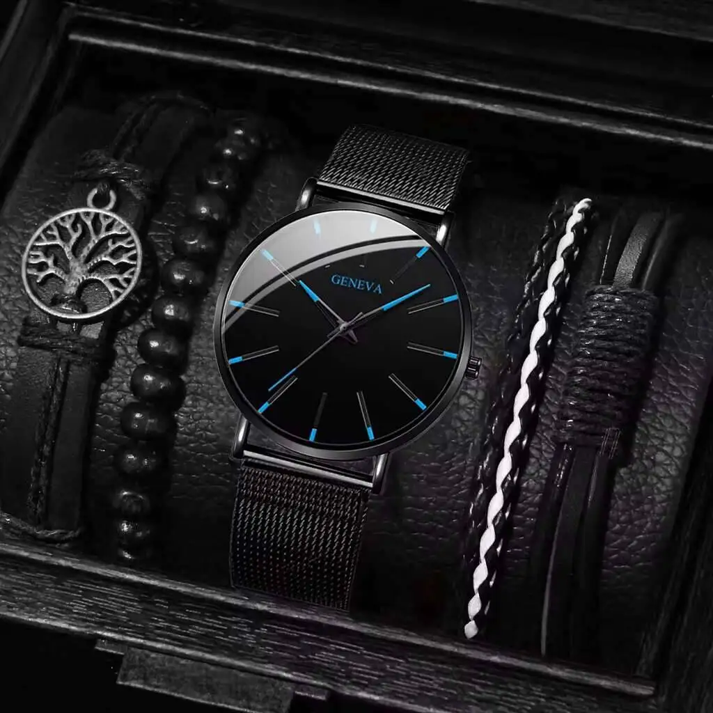 5PCS/Set Luxury Men Business Watches Fashion Black Mesh Band Quartz Watch Bracelets Set Reloj Hombre（Without Box）