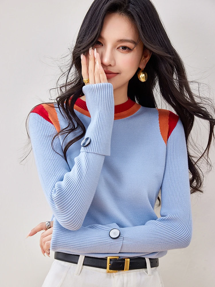 French Style Retro Blue Sweater Women Autumn New Fashion Design Sense Niche O-Neck Long Sleeve Knitted Tops Chic Slim Fit Tops