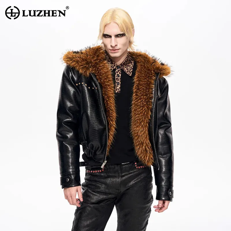 LUZHEN Fur High Quality Faux 2026 Liner Warm Winter Hooded Leather PU Jacket Men's Street Rivet Metal Decorate Parka Coat JY9164