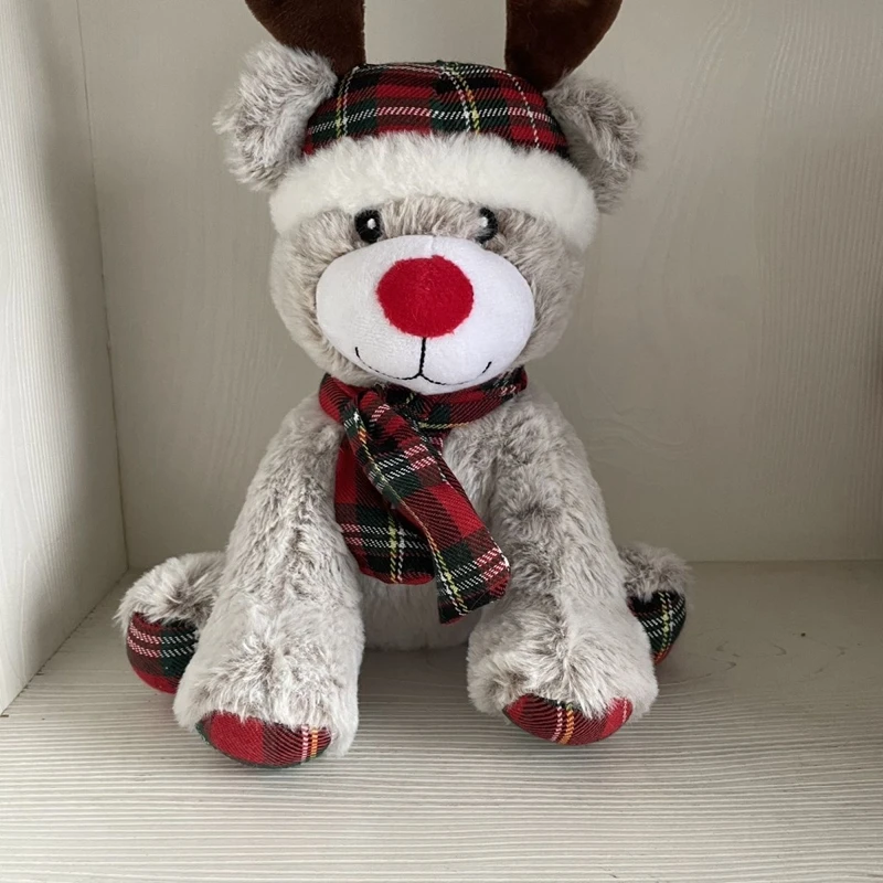 

28CM Cute Christmas Reindeer Plush Toy Checkered Hat and Scarf DIY Sleeping Pillow Deer Training Doll Festival and Birthday