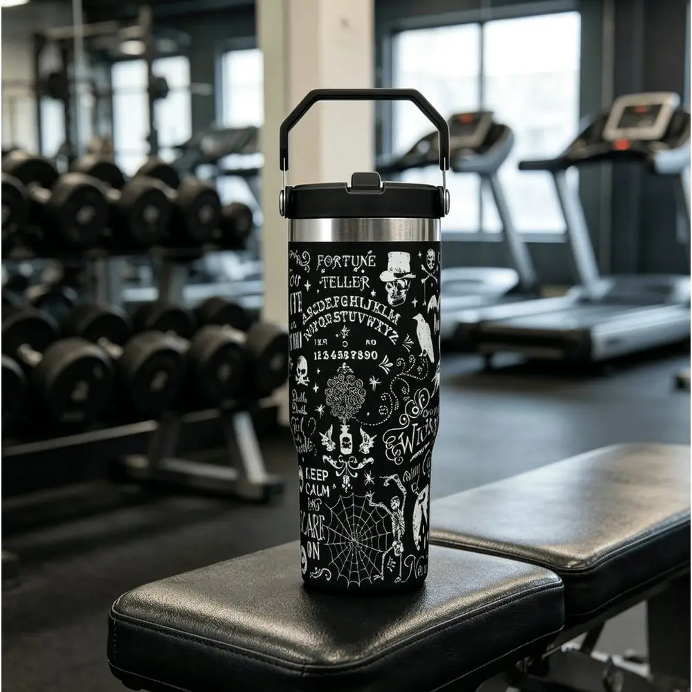 Tumbler, Spooky Skull Tumbler Spider Bat Cup With Handle And Straw, 30 Oz Stainless Steel Insulated Water Bottle Halloween Gift