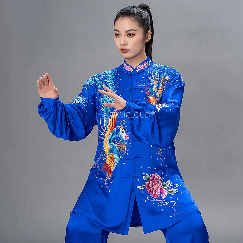 Premium Silk Double Phoenix Embroidery Tai Chi Costume - High-End Wushu Competition & Performance Uniform Set for Groups