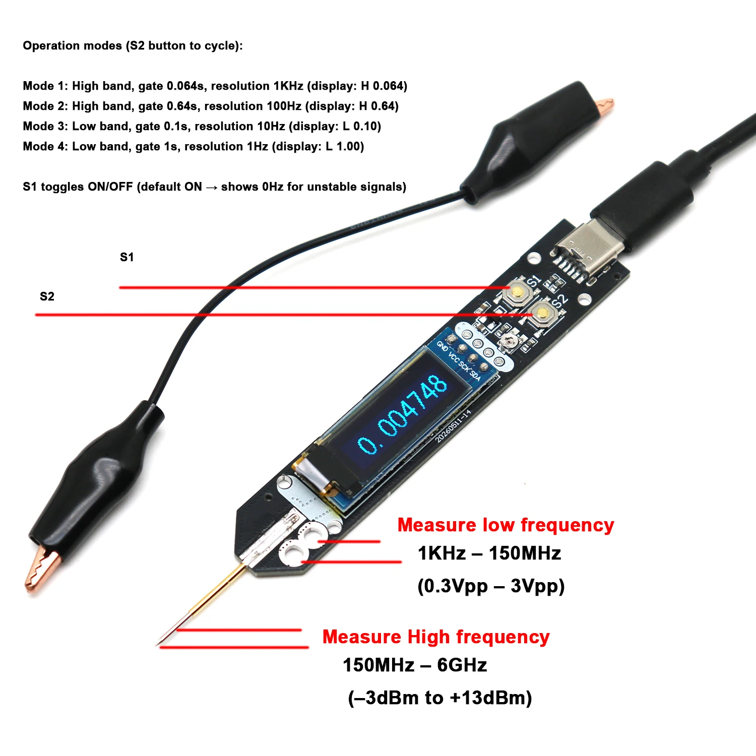 Probe Frequency Counter 1Khz-150Mhz-6GHz Pen Digital Frequency Meter RF Signal Tester Walkie-Talkie 433MHz 868MHz 2.4Ghz 5G 5.8G