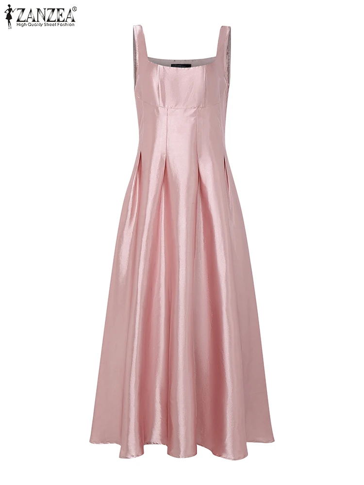

ZANZEA Square Neck Sexy Cocktail Party Dresses Elegant Fashion Womens Sleeveless A-line Vestidos Shiny Satin Maxi Robes Femme