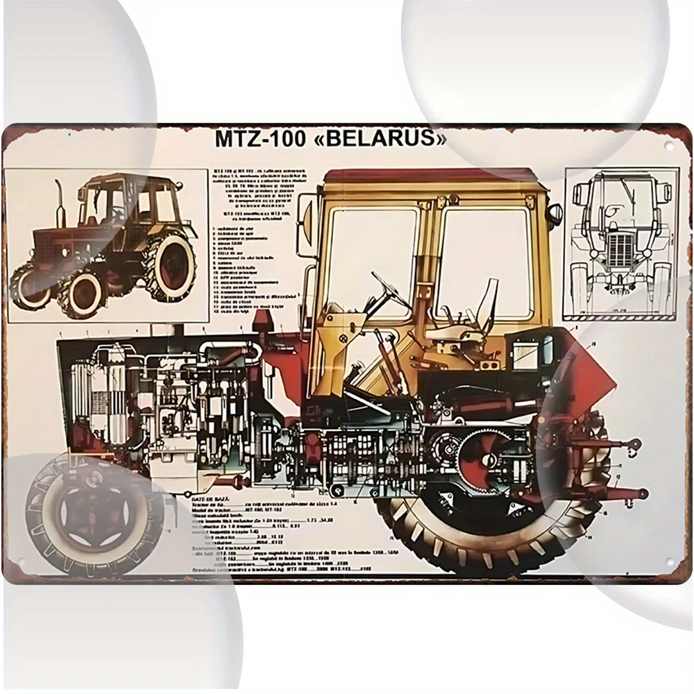 2D Metal Sign Tractor MTZ-100 Blueprint Vintage Farm Garage Wall Art Decor Heavy Duty Man Cave Bar Gift