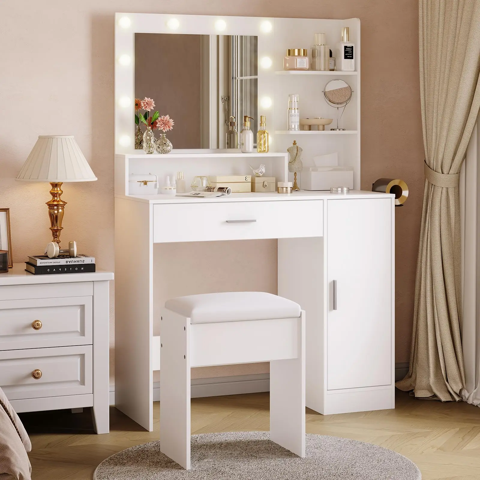 Modern Makeup Vanity Desk with HD Mirror, 10 LED Lights, USB Charging Station, 3 Lighting Modes, Hairdryer Rack, Cushioned Stool – Bedroom Dressing Table
