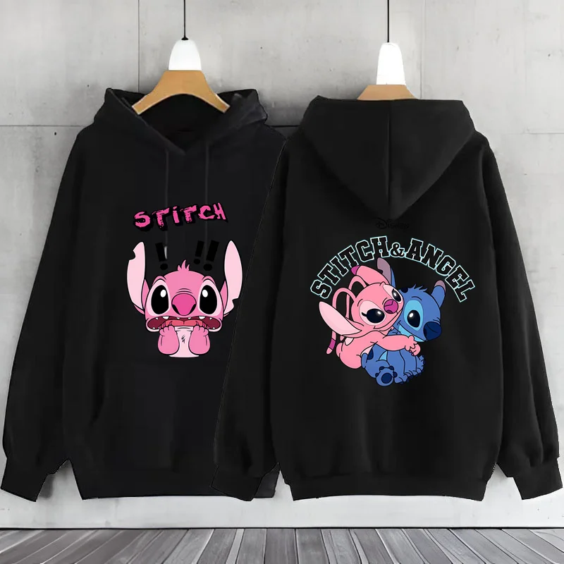 2026 Sudadera con capucha negra para mujer, sudadera de la marca Lilo & Stitch Disney, sudadera con capucha con bonito patrón de dibujos animados, Jack cálido de otoño/invierno