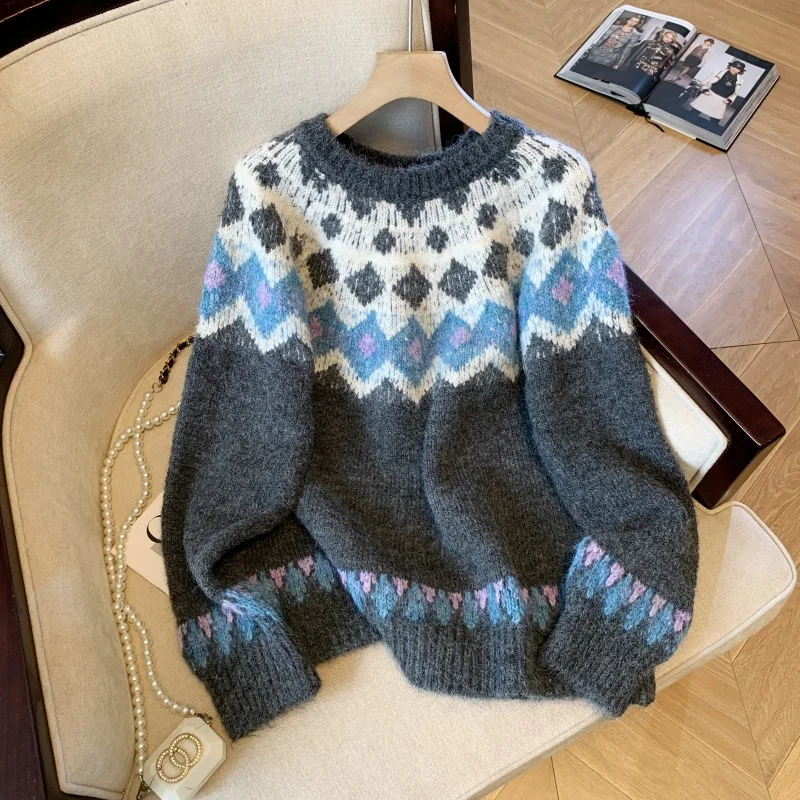 

Women's Grey Pattern Knit Pullover Sweater Harajuku Y2k Korean Patchwork Long Sleeves Sweaters Vintage 2000s Clothes 2025 Autumn