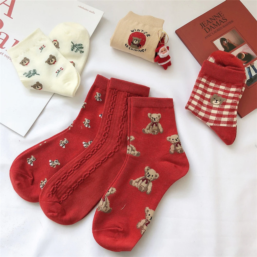 Calcetines rojos de Navidad para hombre y mujer, ropa interior y para el hogar, calcetines de oso, cilindro medio, a cuadros, Ideas de regalo