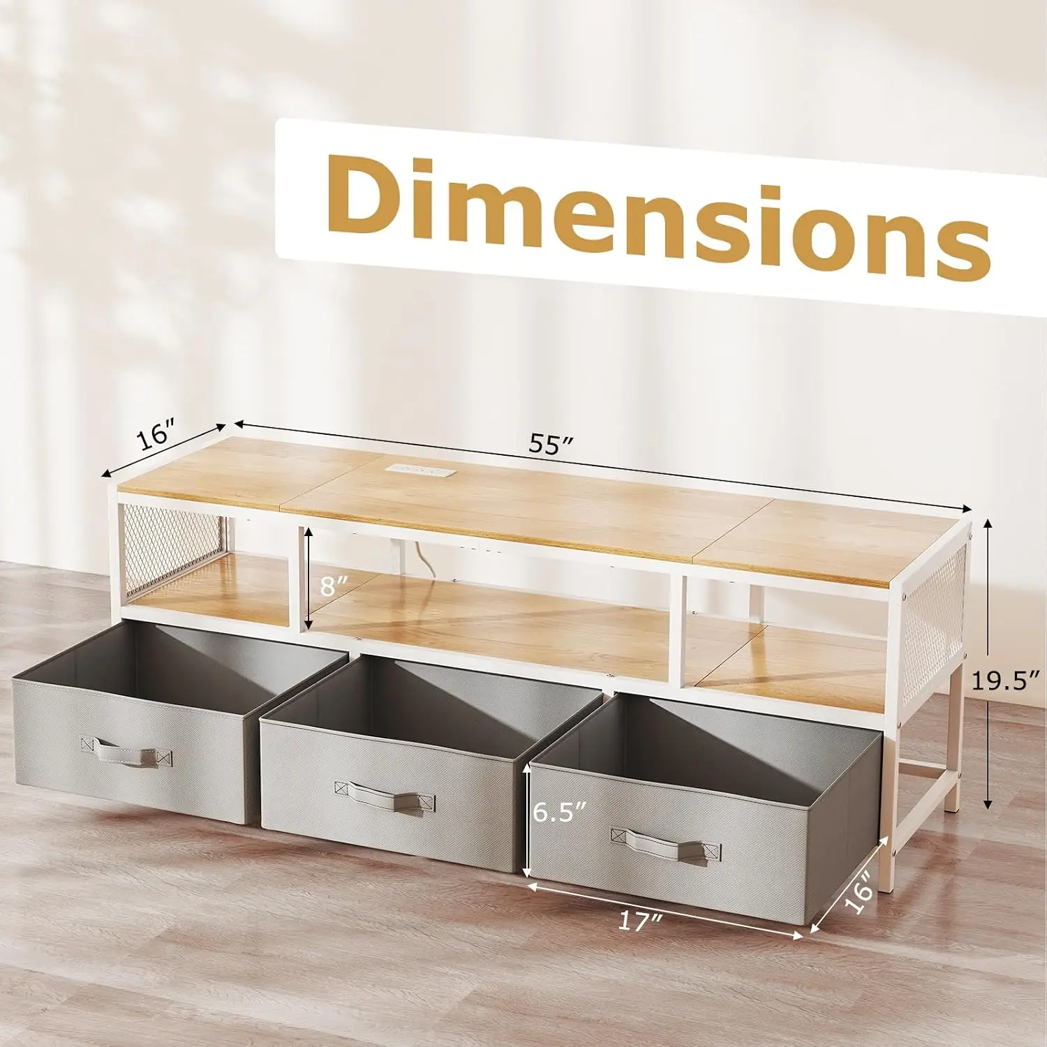 Modern TV Stand Dresser w/Power Outlets, Open Shelf & Fabric Drawers, Entertainment Console for Living Room Bedroom, 65 Inch TV,