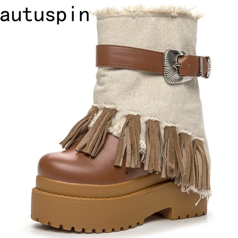 

AUTUSPIN 12cm Hidden Heel Mid-calf Boots Women Retro Ethnic Tassel Morden Short Boots Female Genuine Cow Leather Platform Shoes