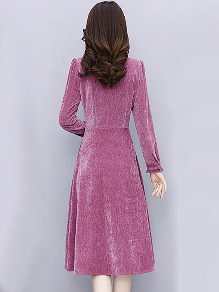 Autumn Winter Corduroy Vintage Midi Vestidos Women Long Sleeve Chic Lace Sqaure Collar Dress 2024 Elegant Festival Party Dress