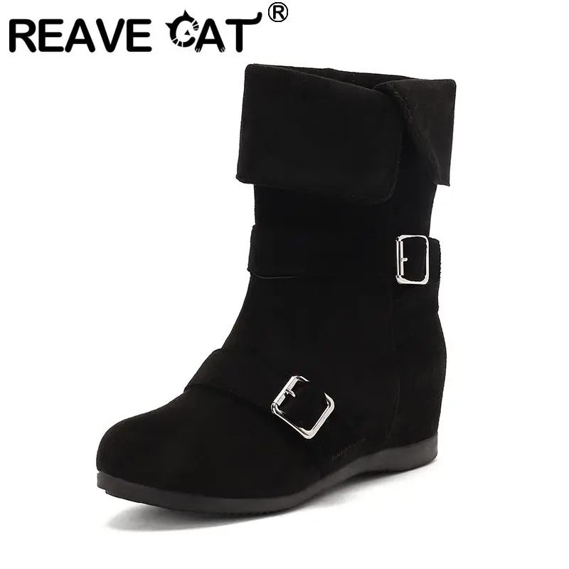 

REAVE CAT Apricot Female Mid Calf Boots Flock Suede Round Toe 5cm Increased Heel Slip On Belt Buckle Oversize 42 43 Daily Bota