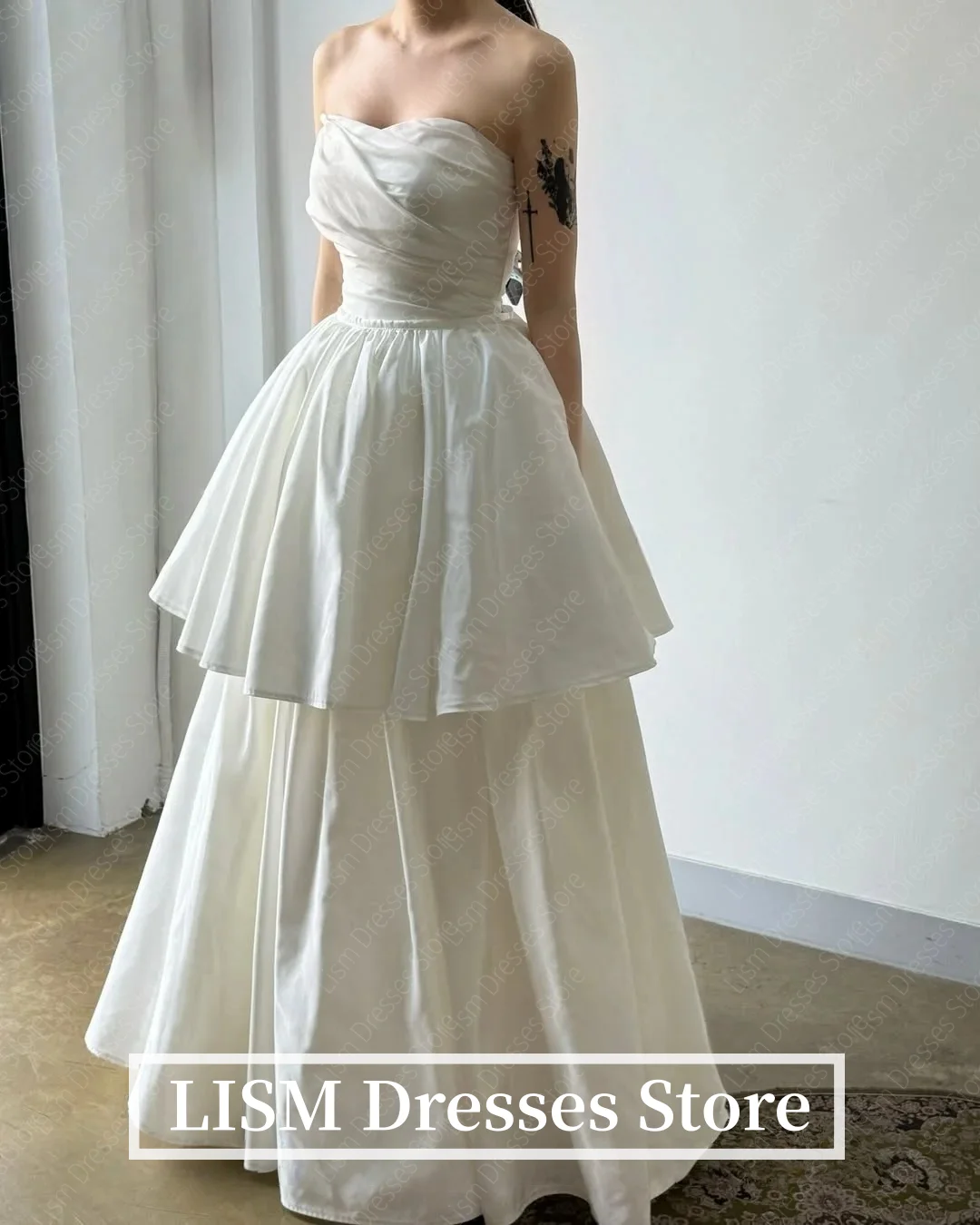 LISM Simple White Taffeta Wedding Dresses Two-Piece Pleats Bridal Gowns Korea Wedding Dresses Photo Shoot Customized 웨딩드레스