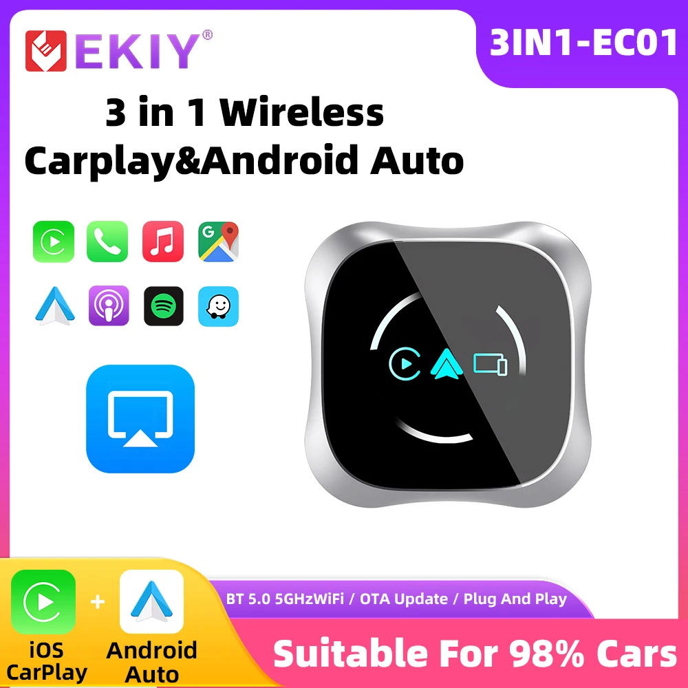 

EKIY 3 в 1, адаптер CarPlay Android Auto Airplay Box Dongle, проводной к беспроводному Carplay, беспроводной автомобильный смарт-адаптер