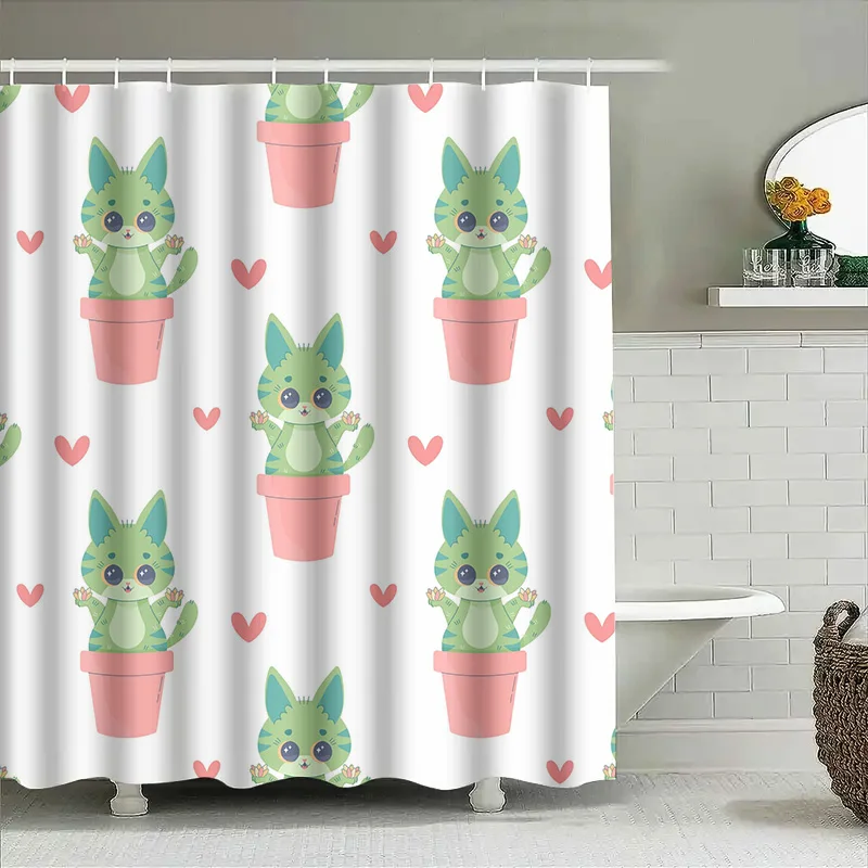 

Очаровательная занавеска для душа с зеленым котом и сочным узором для декора ванной комнаты, розовые горшки с сердечками, водонепроницаемая ткань (180 см x 240 см)