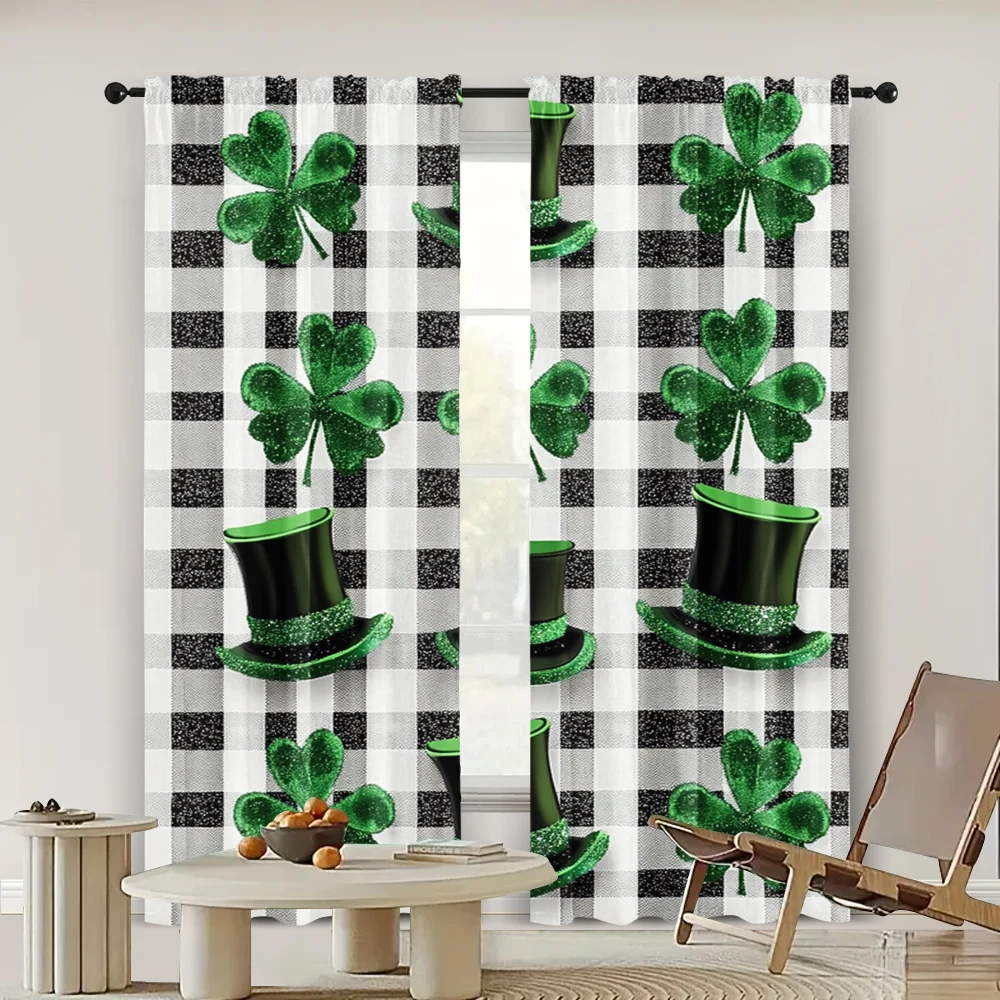 2pc, Happy St Patrick's Day Party Curtain Green clover Versatile Polyester Fabric,Without Electricity Festive Backdrops Use for