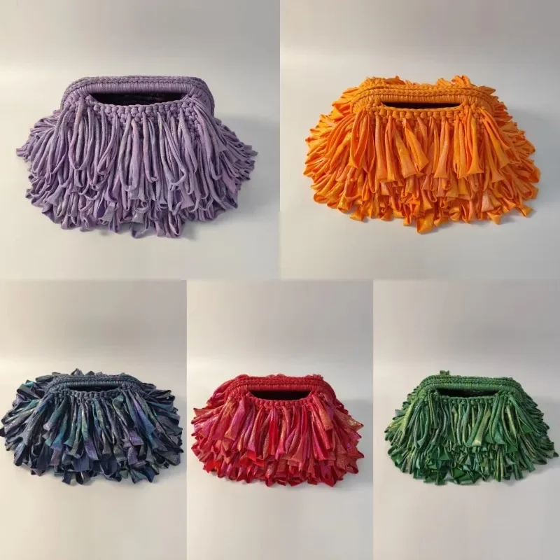 Fashion New Handmade Metallic Shimmer Fringe Crochet Clutch Bag Women, Holographic Tassel Woven Handheld Evening Purse