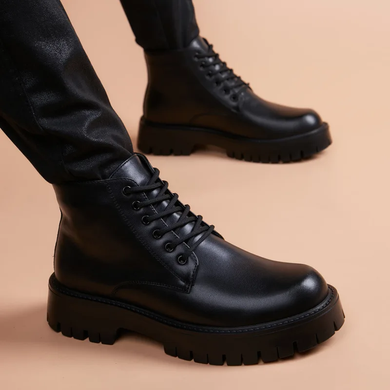 

men's casual platform boots black autumn winter shoes cowboy original leather boot party prom dress lace-up ankle botas zapatos