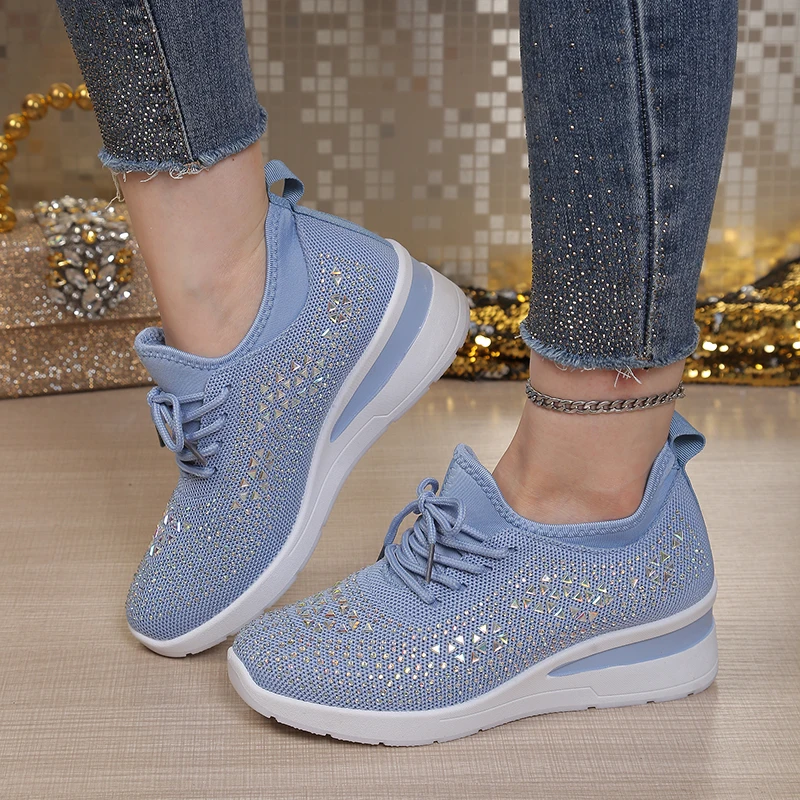 Women's Sparkly Rhinestone Wedge Sneakers Breathable Mesh Lace-Up Casual Walking Footwear image 6