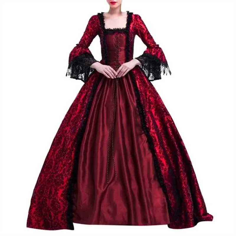 Women's Vintage Dress Medieval Victorian Court Lace Stitching Dress Gothic Long Sleeve Dress Cosplay Party Costume S-5XL