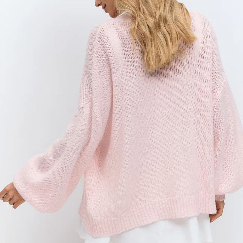 Ticketsx Sexy col en V pull femmes évider lanterne à manches longues simple boutonnage Cardigan dame décontracté doux solide pull manteau