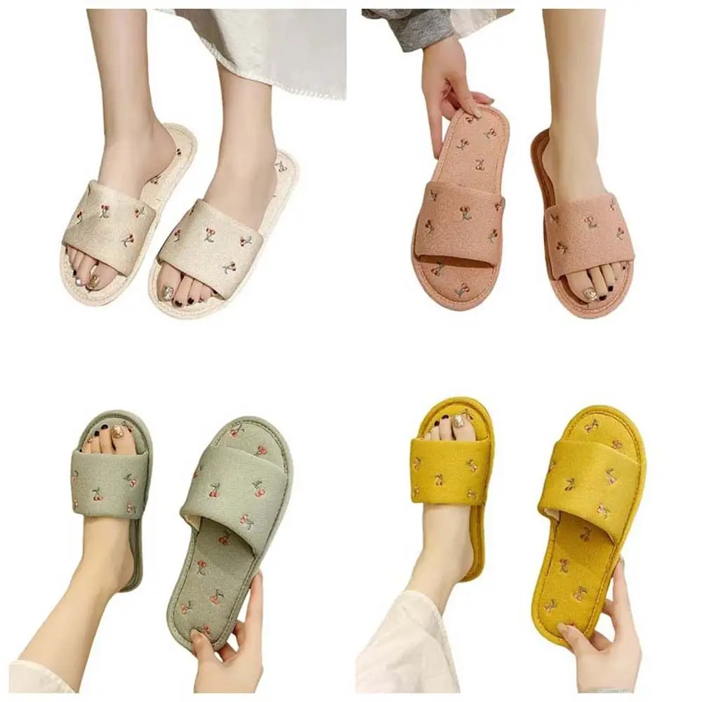 Cartoon Cherry Cotton Linen Slippers Cherry Flat Bottomed Korean Slides Sandals Anti Slip Platform Fruits Cherry Slippers Home