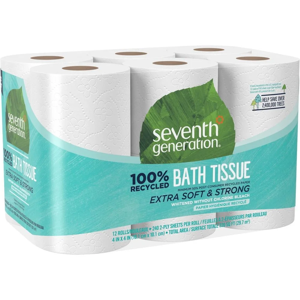 Eco-Friendly Toilet Paper 100% Recycled Bath Tissue 12 Rolls 300 Sheets Septic Safe Unscented Two-Ply Chlorine Free Dyes Free