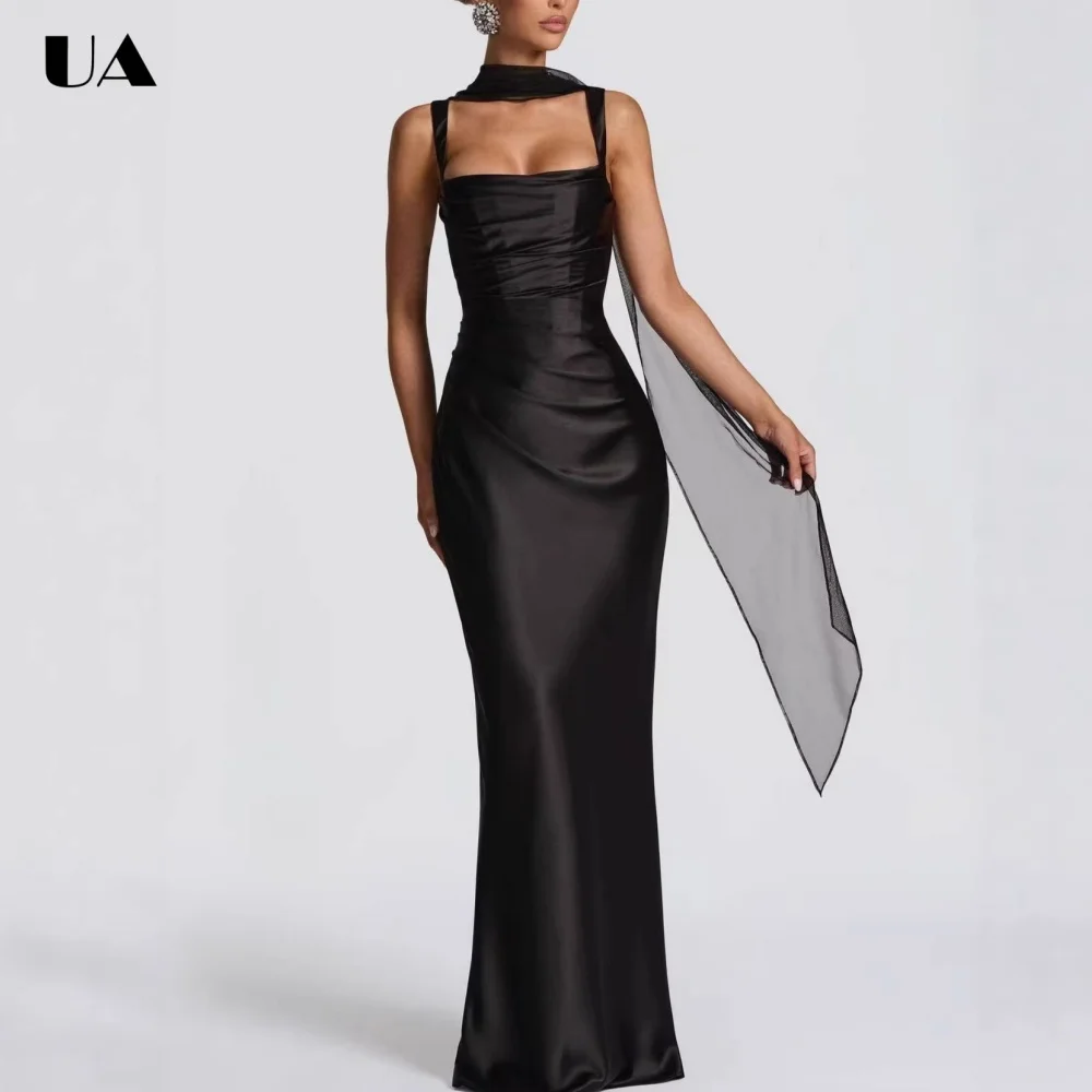

Fashionable Mermaid Square Collar Maxi Dress, Elegant Spaghetti Strap Long Dress for Woman, Trendy Satin Sleeveless Party Dress