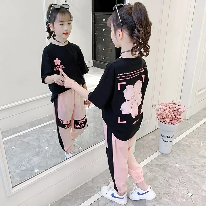 2024 girls Clothes Child Sports Suit Teen tracksuit loose flower t shirt tops + Ankle-tied pants striped 10 11 12 14 15 years