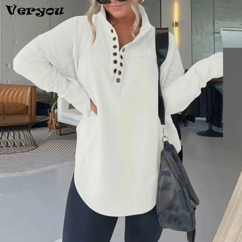 

Fashion Buttons Stand Collar Thick Sweater Female Casual Solid Color Long Sleeves Loose Irregular Pullovers Autumn Winter Blouse