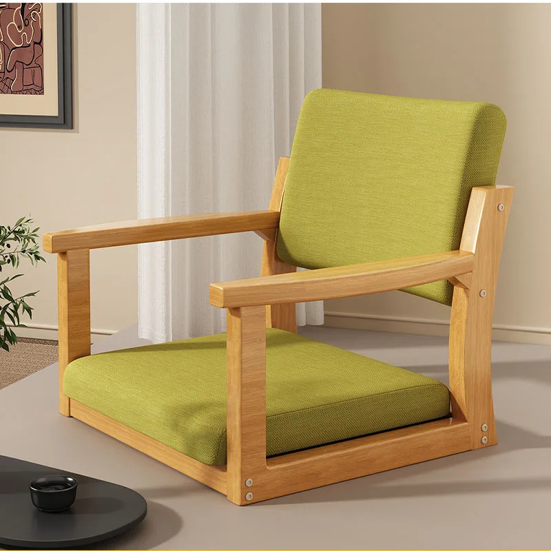 Tatami Solid Wood Floor Chair with Armrest Low Profile Lounge Chair for Reading Gaming Bedroom Bay Window Matcha Green