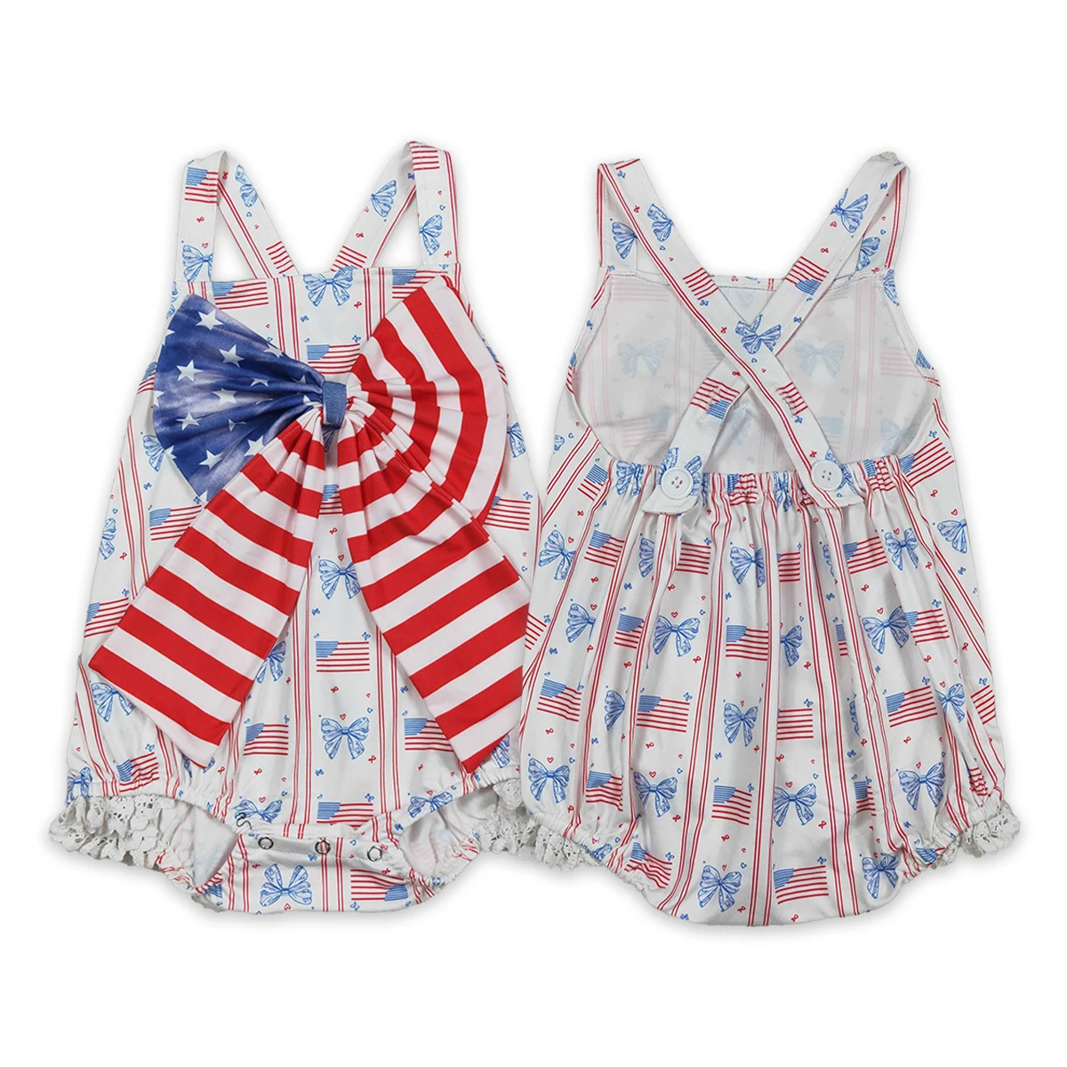 Newborn Baby Girl Strap Flags Bows Stripe 4th of July Ruffle Romper Comfy Kids Jumpsuit Toddler Children Clothing Wholesale