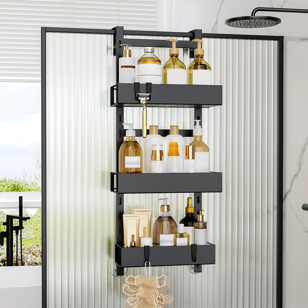 1pc 3-layer Door Hanging Storage Rack, Height Adjustable Bath Hanging Rack, Black, Home Organization And Storage Supplies