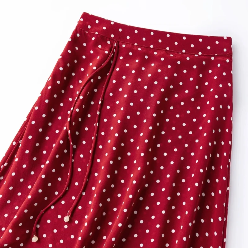 Birdtree, 100% Silk Dot Print Skirt, Bias-cut, Women's Double Crepe Slit Zipper Skirts, Elastic Waist, 2026 Summer New D65504JF