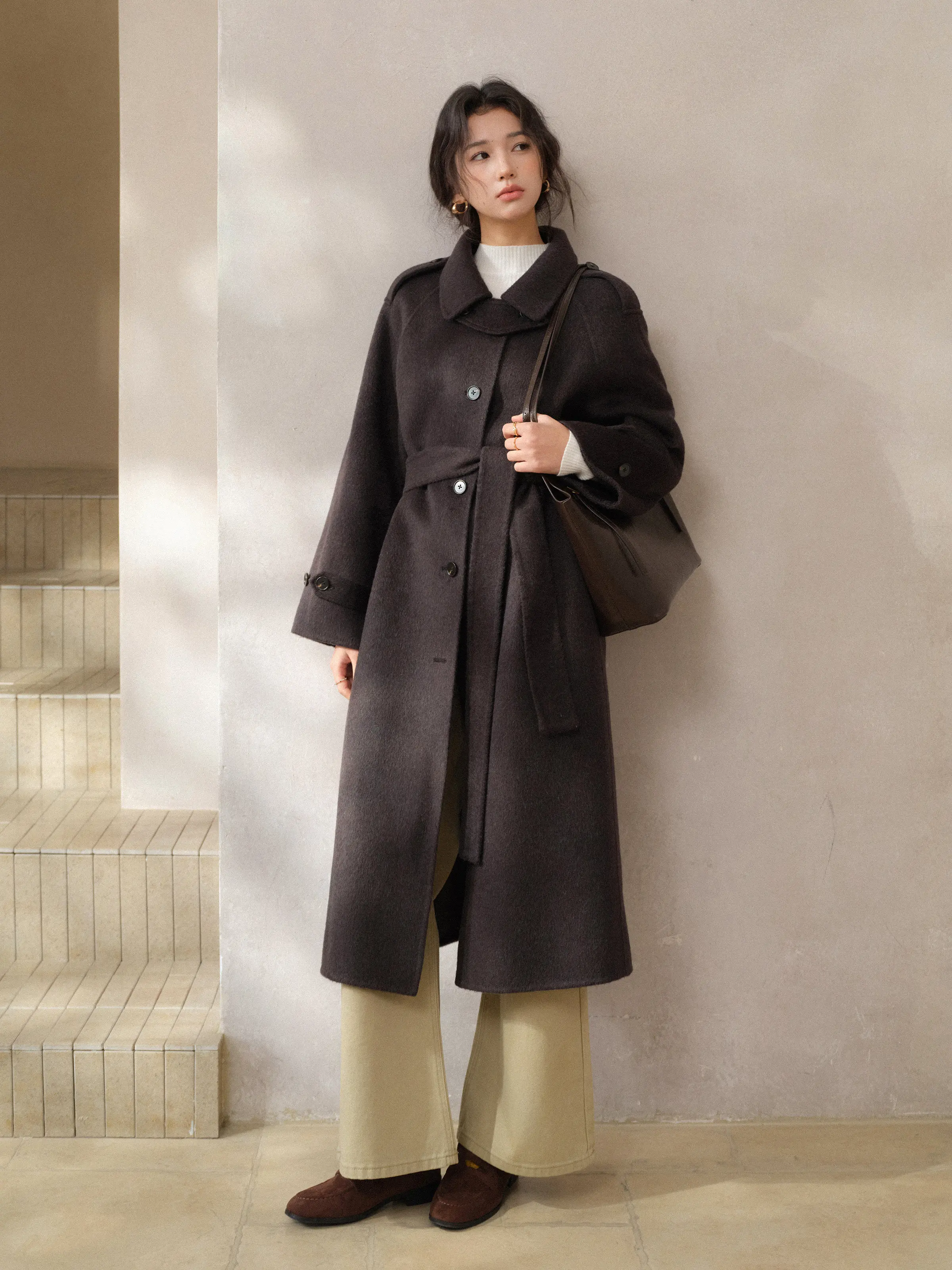 Women Vintage Double Face Wool Long Coat for Lady Elegant Oversized Overcoat Chic Winter Casual Loose Fit Outerwear Style Wear