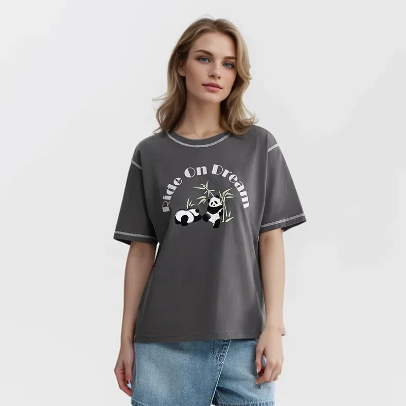 Koszulka z krótkim rękawem marki Semir Damska bawełniana luźna koszulka na lato 2024, nowe topy Panda Trend T-shirt w stylu narodowym