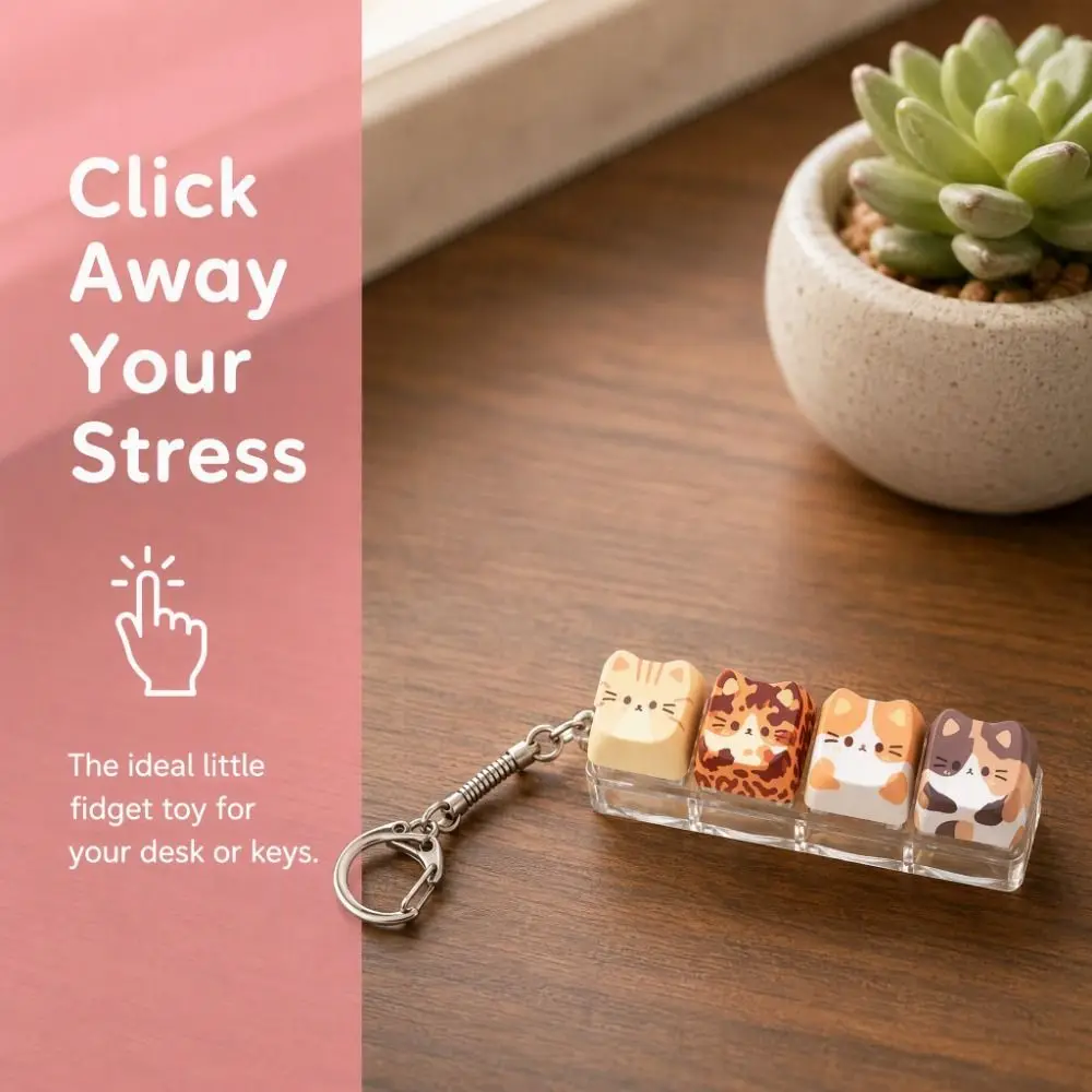 Cute 4 Keys Cat Fidget Keychain Kawaii Creative Keycap Keychain Finger Button Bag Pendant Finger Keyboard Pendant Kitten Fan