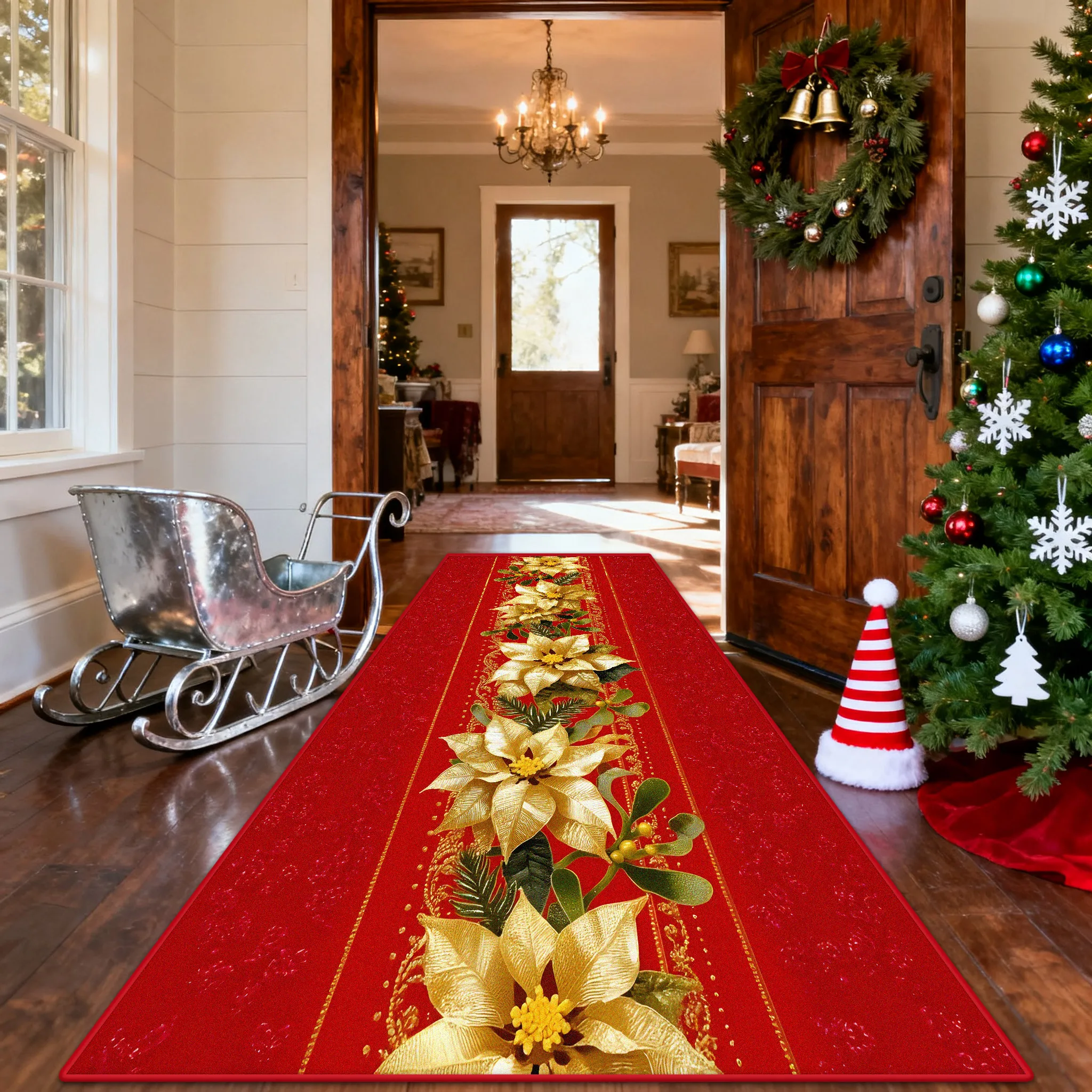 Poinsettia Luxury Long Corridor Carpet Christmas Party Entryway Runner Rug Hotel Lobby Washable Non-slip Foot Mat Customizable